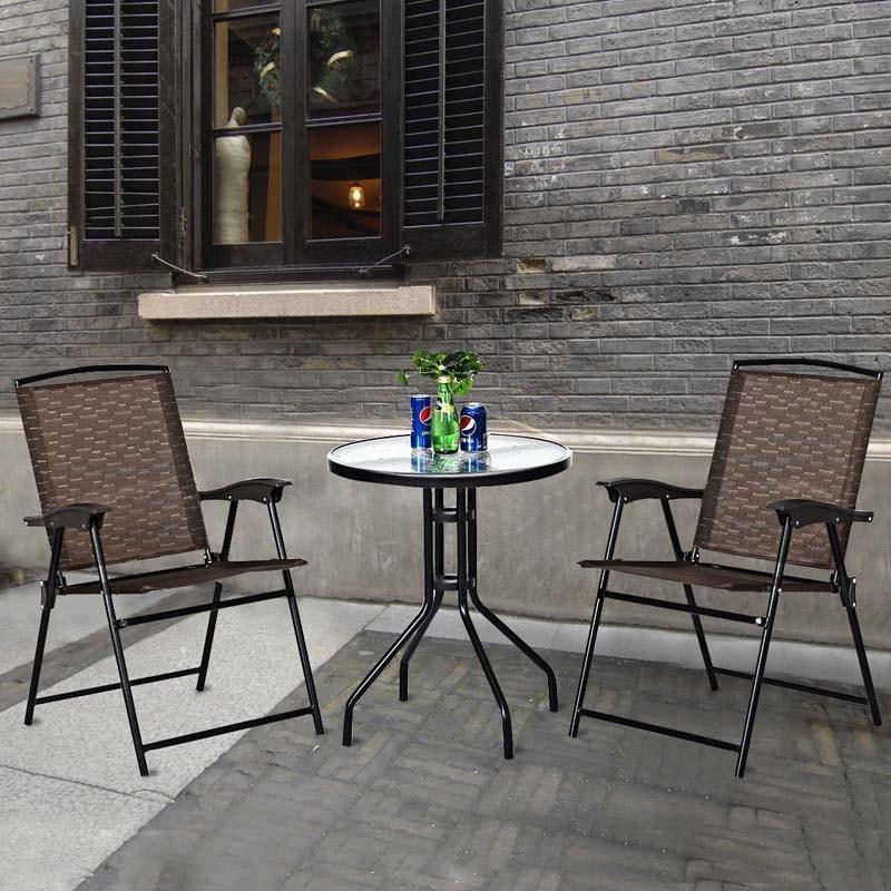 3 Pcs Patio Bistro set All Weather Outdoor Furniture Folding Chair Glass Table Set