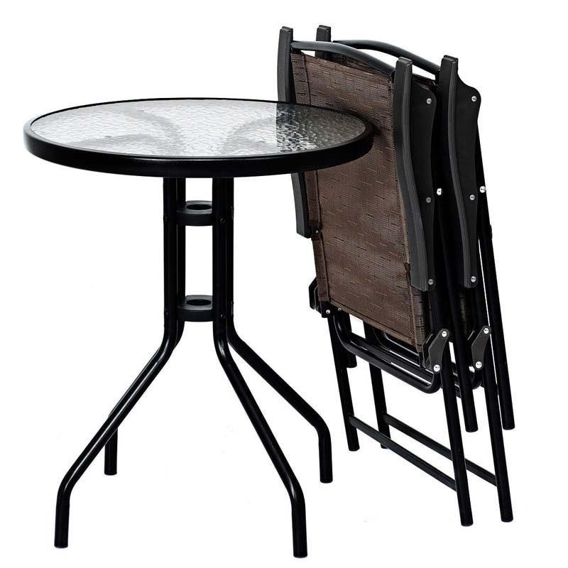 3 Pcs Patio Bistro set All Weather Outdoor Furniture Folding Chair Glass Table Set