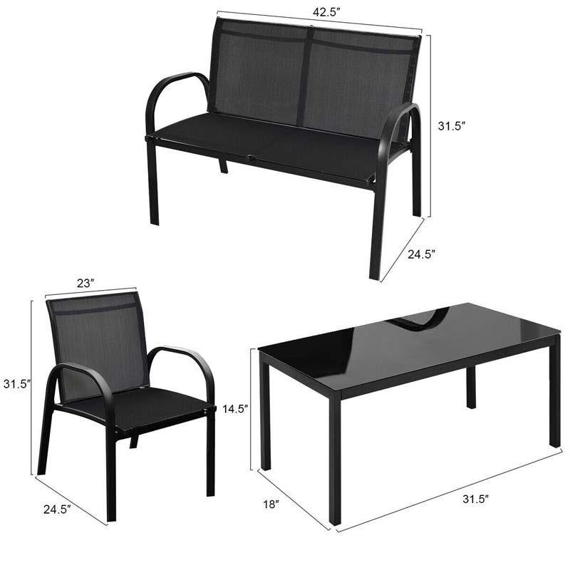 4 Pcs Patio Furniture Set Loveseat Sofa Table Steel Frame Garden Deck Conversation Set with Glass Top Coffee Table