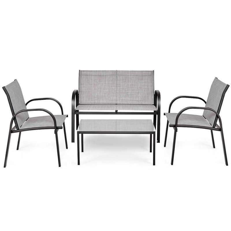 4 Pcs Patio Furniture Set Loveseat Sofa Table Steel Frame Garden Deck Conversation Set with Glass Top Coffee Table