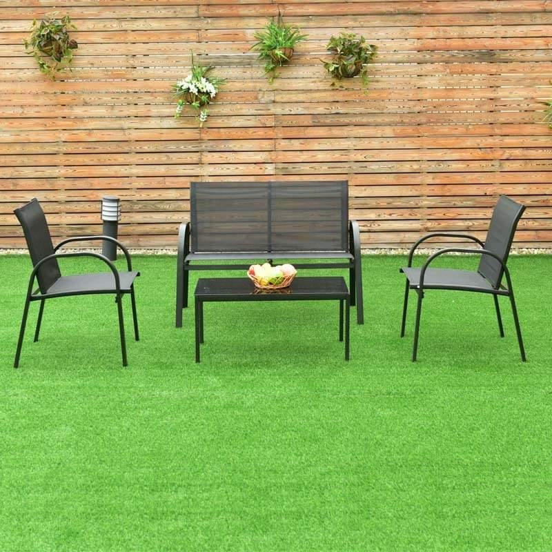 4 Pcs Patio Furniture Set Loveseat Sofa Table Steel Frame Garden Deck Conversation Set with Glass Top Coffee Table