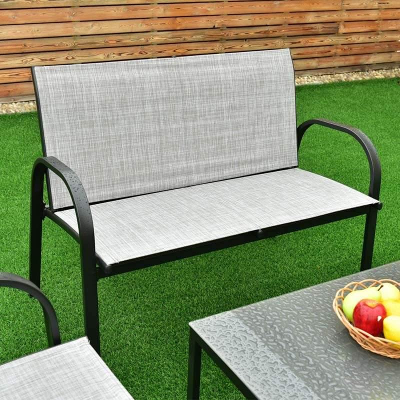 4 Pcs Patio Furniture Set Loveseat Sofa Table Steel Frame Garden Deck Conversation Set with Glass Top Coffee Table