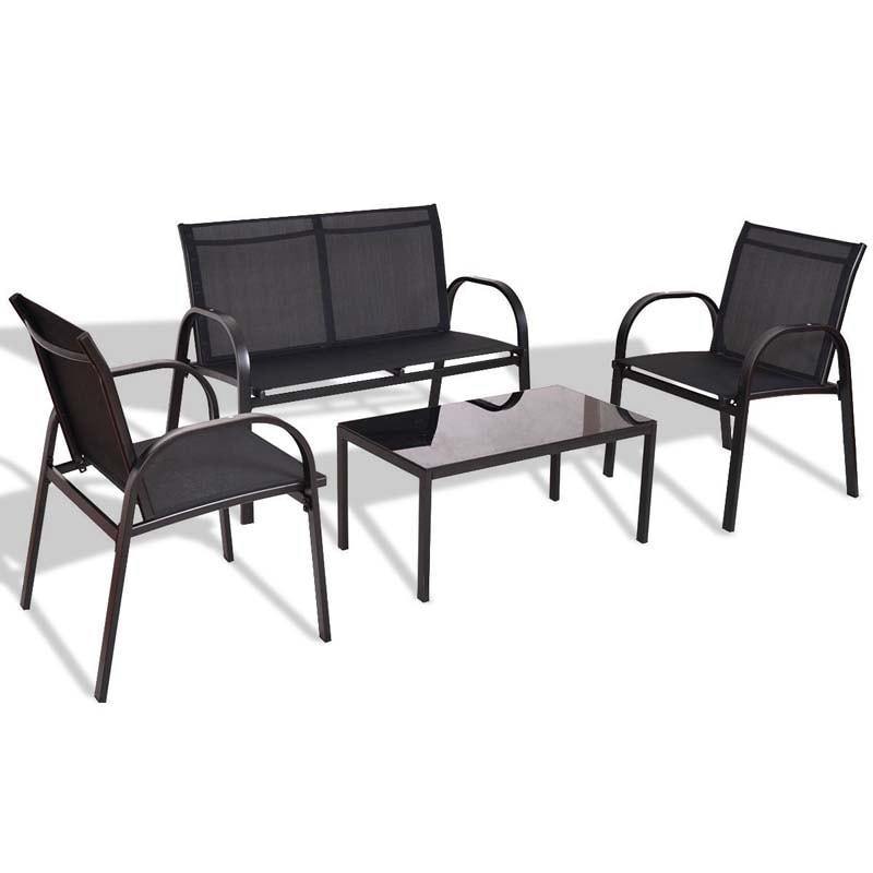 4 Pcs Patio Furniture Set Loveseat Sofa Table Steel Frame Garden Deck Conversation Set with Glass Top Coffee Table