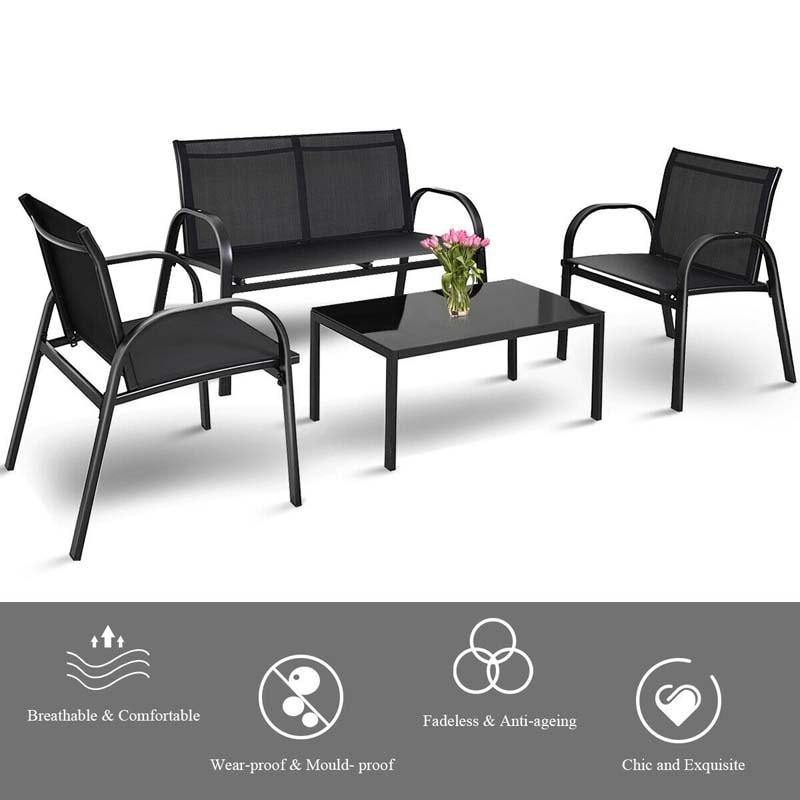 4 Pcs Patio Furniture Set Loveseat Sofa Table Steel Frame Garden Deck Conversation Set with Glass Top Coffee Table