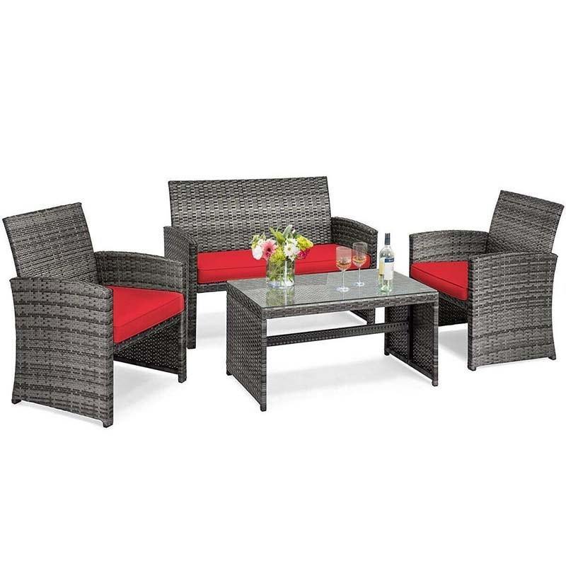 4 Pieces Wicker Patio Conversation Set Outdoor Rattan Chair Furniture with Cushions & Tempered Glass Coffee Table