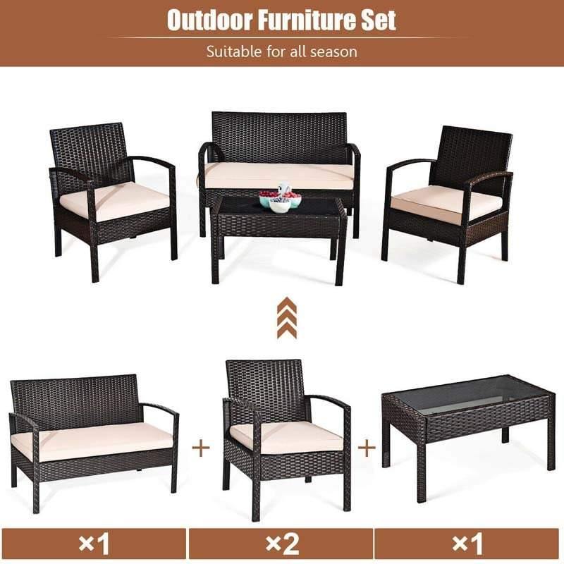 4PCS Patio Furniture Set Rattan Wicker Conversation Set with Coffee Table & Cushions