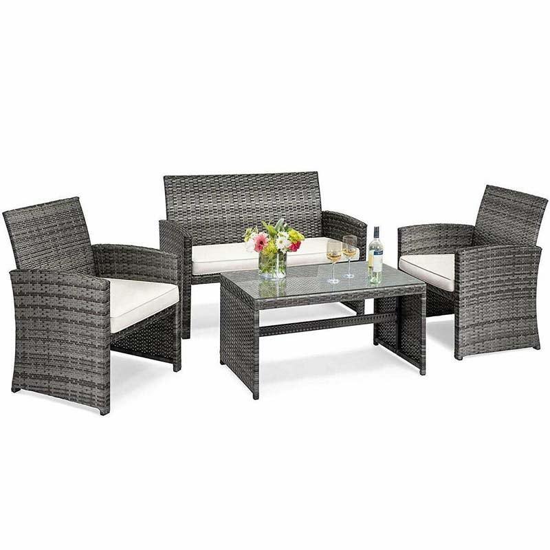 4 Pieces Wicker Patio Conversation Set Outdoor Rattan Chair Furniture with Cushions & Tempered Glass Coffee Table