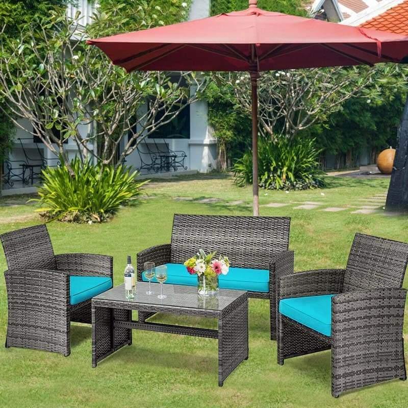 4 Pieces Wicker Patio Conversation Set Outdoor Rattan Chair Furniture with Cushions & Tempered Glass Coffee Table