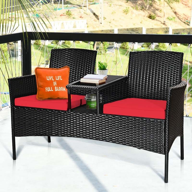 Patio Wicker Conversation Furniture Set Rattan Loveseat with Glass Table