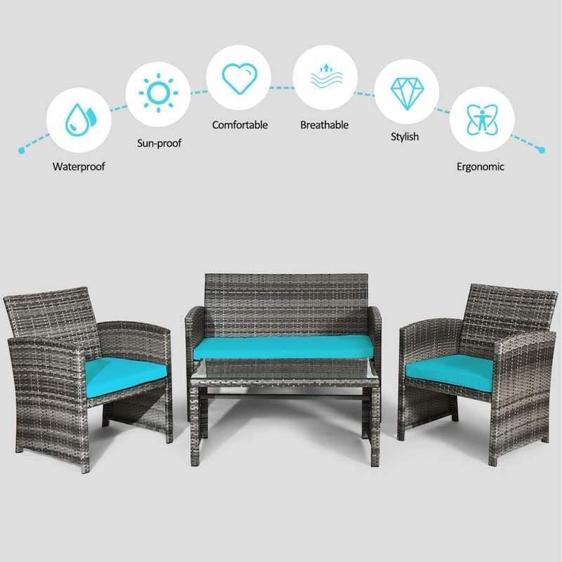 4 Pieces Wicker Patio Conversation Set Outdoor Rattan Chair Furniture with Cushions & Tempered Glass Coffee Table