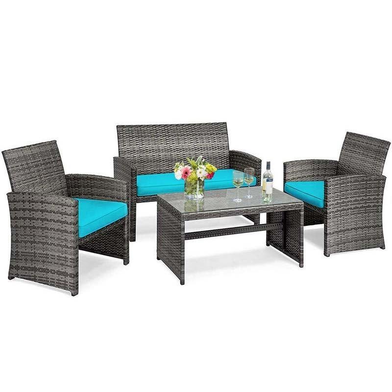 4 Pieces Wicker Patio Conversation Set Outdoor Rattan Chair Furniture with Cushions & Tempered Glass Coffee Table