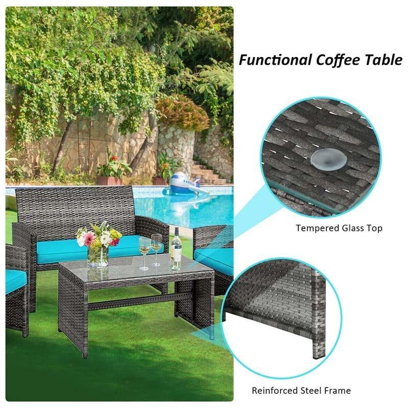 4 Pieces Wicker Patio Conversation Set Outdoor Rattan Chair Furniture with Cushions & Tempered Glass Coffee Table