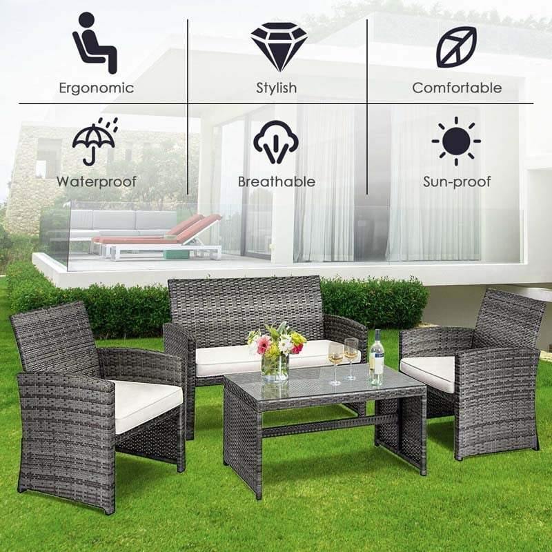 4 Pieces Wicker Patio Conversation Set Outdoor Rattan Chair Furniture with Cushions & Tempered Glass Coffee Table