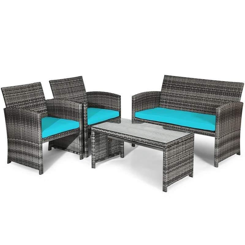 4 Pieces Wicker Patio Conversation Set Outdoor Rattan Chair Furniture with Cushions & Tempered Glass Coffee Table