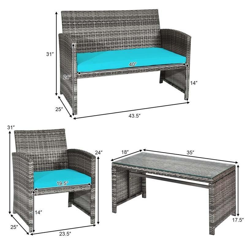 4 Pieces Wicker Patio Conversation Set Outdoor Rattan Chair Furniture with Cushions & Tempered Glass Coffee Table