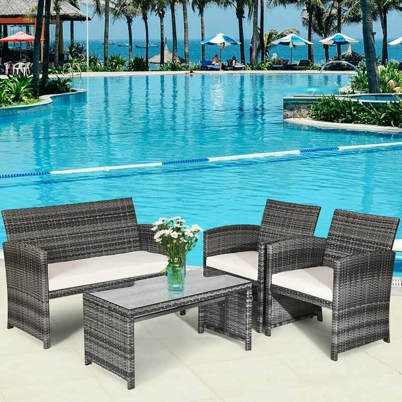 4 Pieces Wicker Patio Conversation Set Outdoor Rattan Chair Furniture with Cushions & Tempered Glass Coffee Table