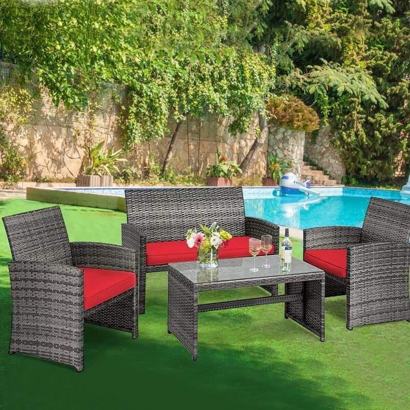 4 Pieces Wicker Patio Conversation Set Outdoor Rattan Chair Furniture with Cushions & Tempered Glass Coffee Table