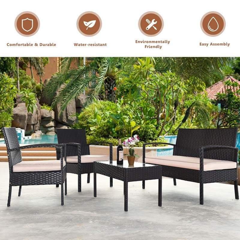4PCS Patio Furniture Set Rattan Wicker Conversation Set with Coffee Table & Cushions