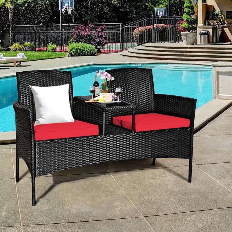 Patio Wicker Conversation Furniture Set Rattan Loveseat with Glass Table