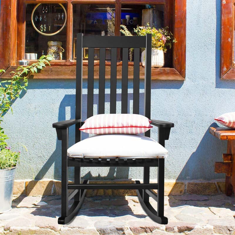 Outdoor Acacia Wood High Back Rocking Chair Patio Porch Rocker with Armrests