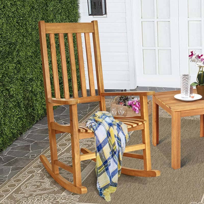 Outdoor Acacia Wood High Back Rocking Chair Patio Porch Rocker with Armrests