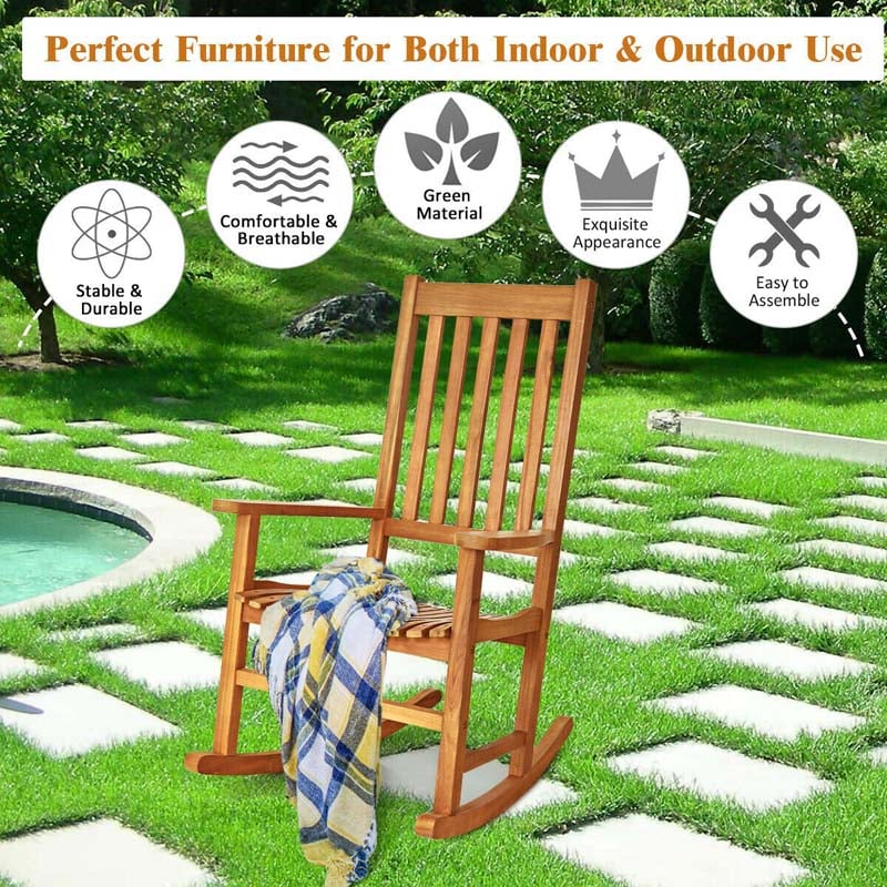 Outdoor Acacia Wood High Back Rocking Chair Patio Porch Rocker with Armrests