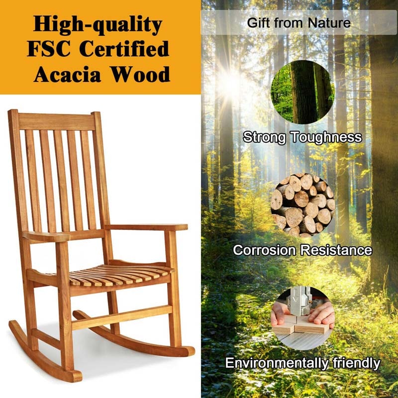 Outdoor Acacia Wood High Back Rocking Chair Patio Porch Rocker with Armrests