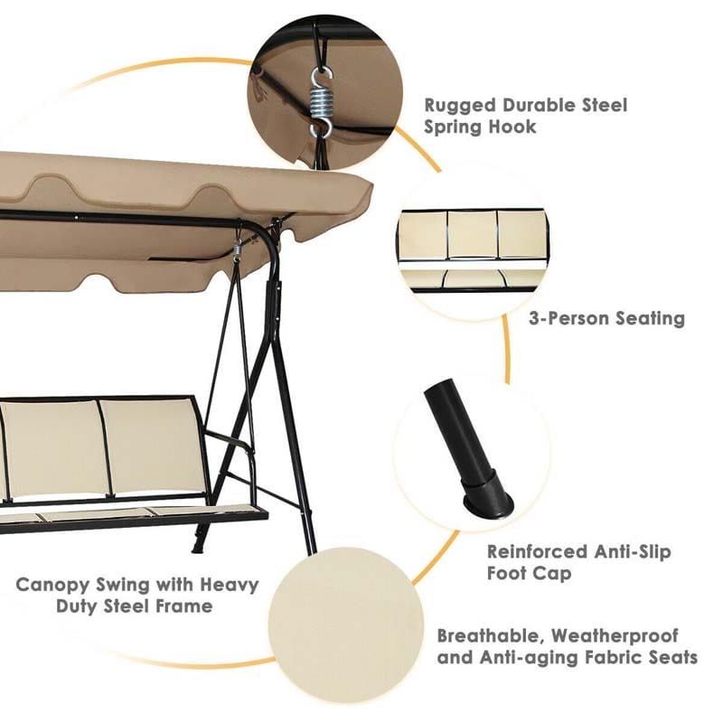 3-Person Porch Swing Steel Frame Patio Swing Bench with Adjustable Polyester Canopy