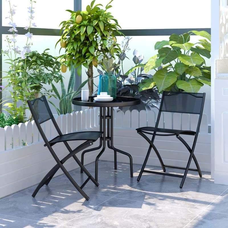 3 Pcs Folding Patio Bistro Set Conversation Set Round Coffee Table with Folding Chairs Set