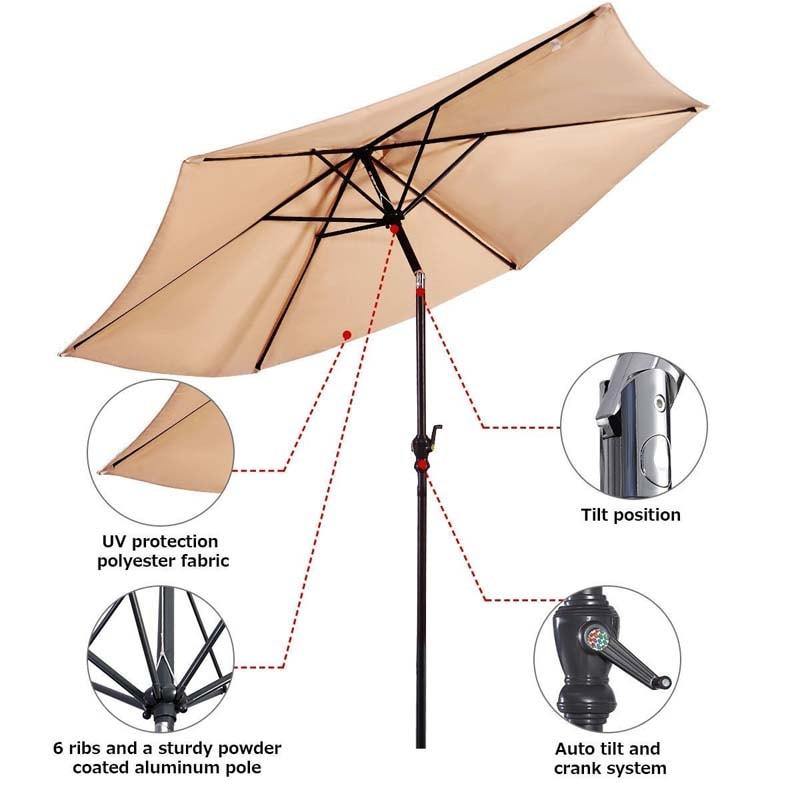 9FT Patio Umbrella 6 Ribs Tilt Crank Outdoor Umbrella
