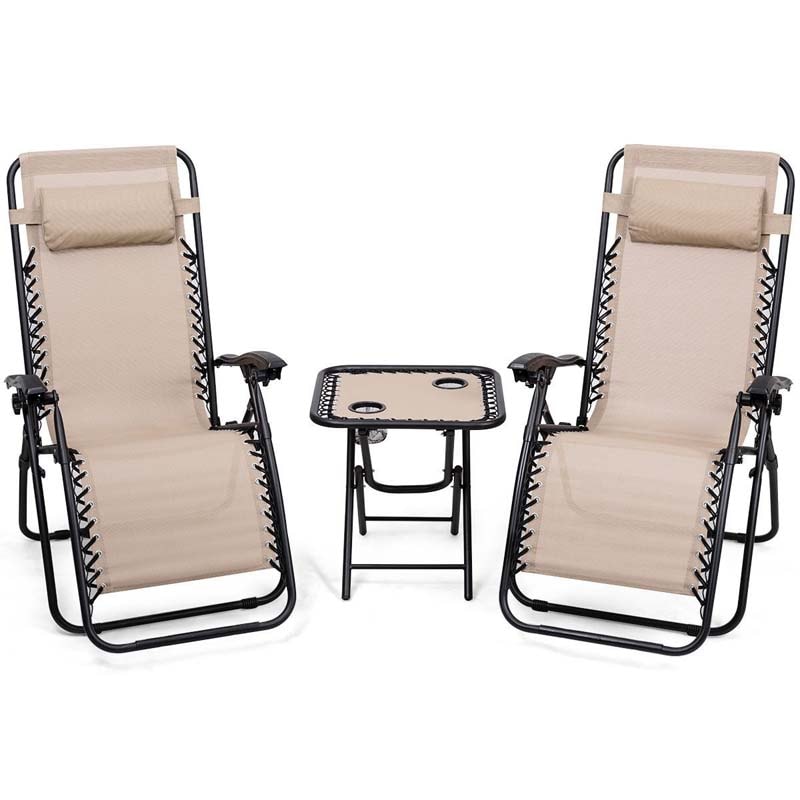 3 Pcs Portable Zero Gravity Reclining Chairs Folding Outdoor Lounge Chairs Set