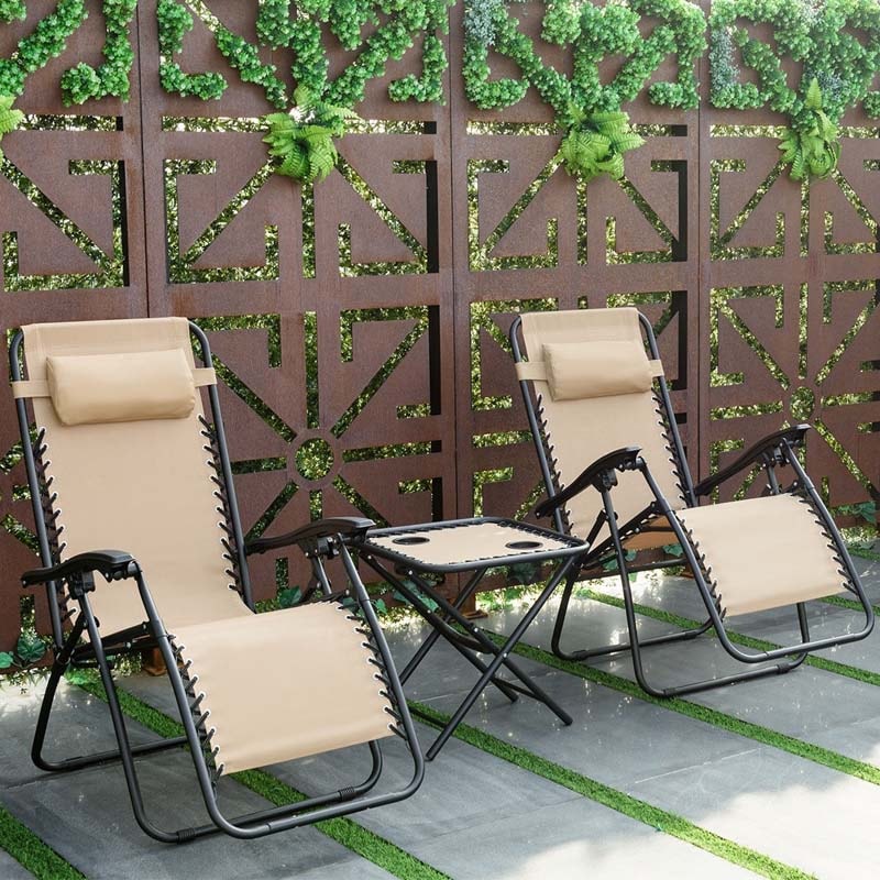 3 Pcs Portable Zero Gravity Reclining Chairs Folding Outdoor Lounge Chairs Set