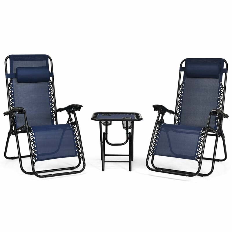 3 Pcs Portable Zero Gravity Reclining Chairs Folding Outdoor Lounge Chairs Set