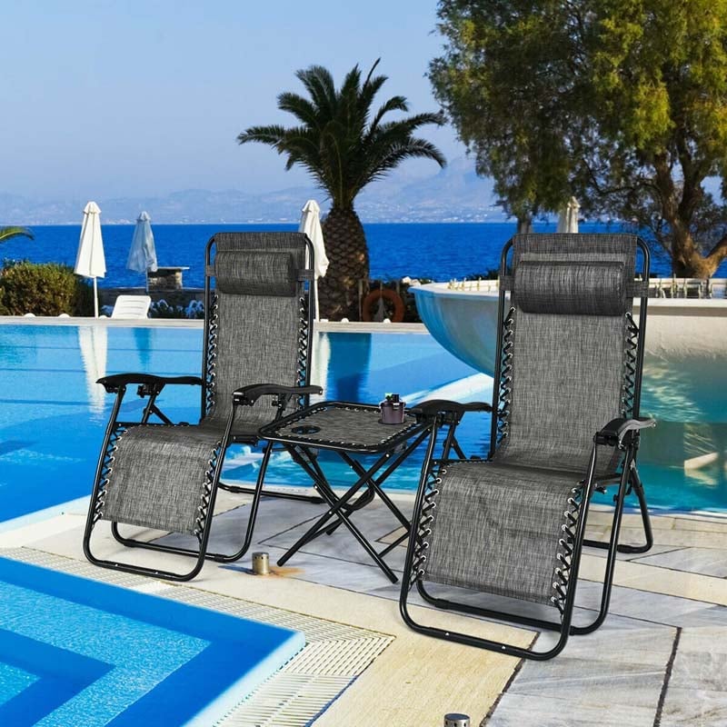 3 Pcs Portable Zero Gravity Reclining Chairs Folding Outdoor Lounge Chairs Set