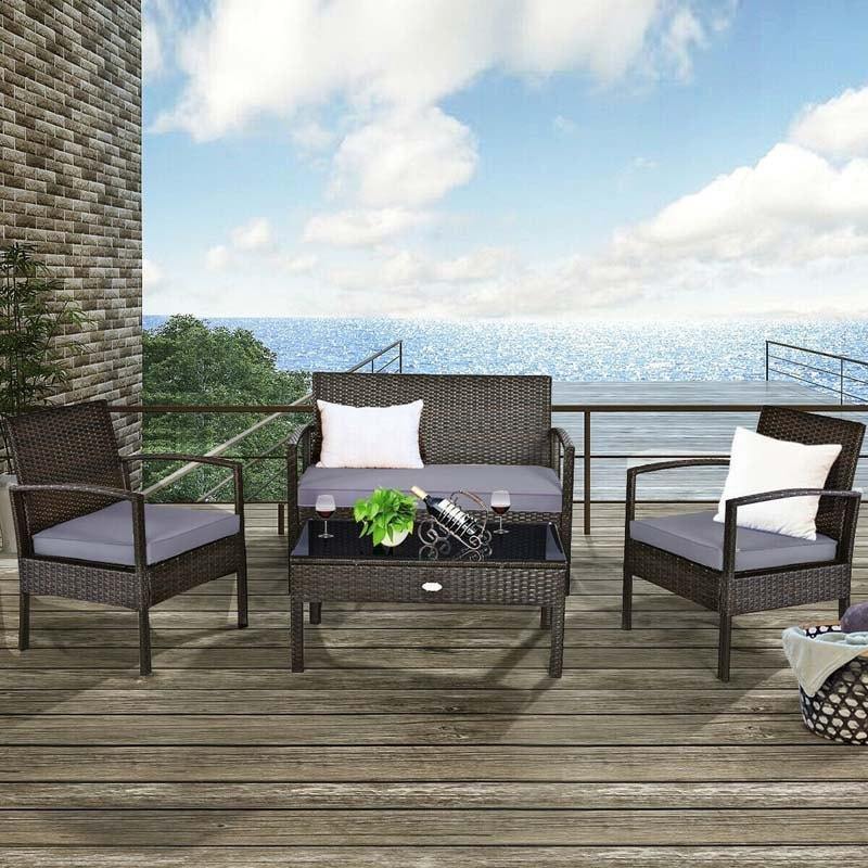 4PC Patio Rattan Wicker Sofa Set Loveseat Sofa Coffee Table for Garden Deck
