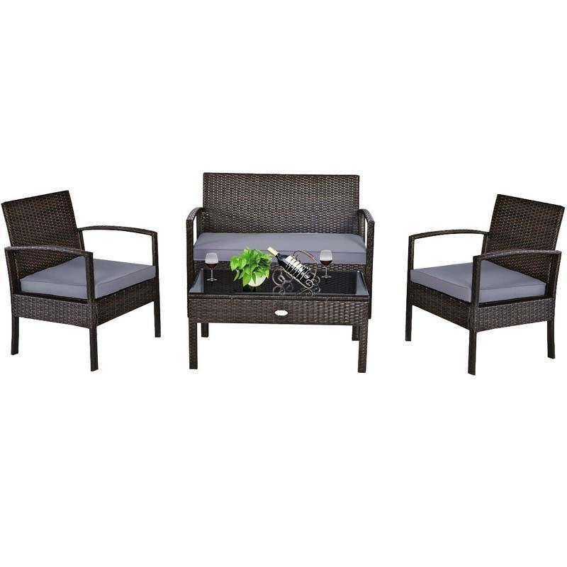 4PC Patio Rattan Wicker Sofa Set Loveseat Sofa Coffee Table for Garden Deck