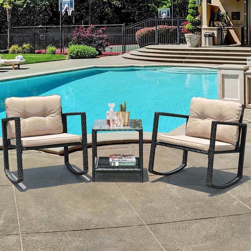 3-Piece Patio Wicker Bistro Furniture Set with 2 Cushioned Rocking Chairs