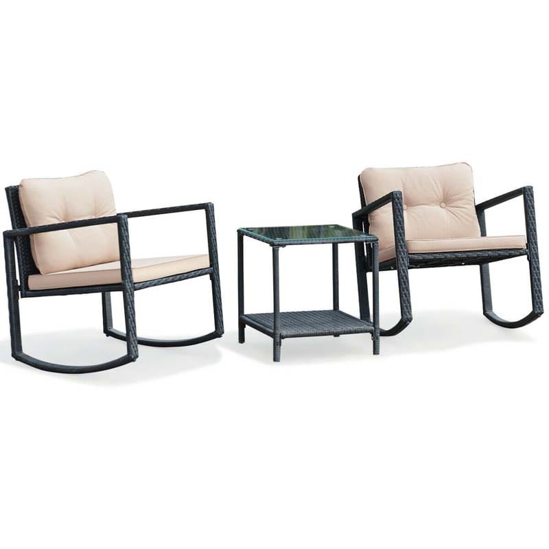 3-Piece Patio Wicker Bistro Furniture Set with 2 Cushioned Rocking Chairs