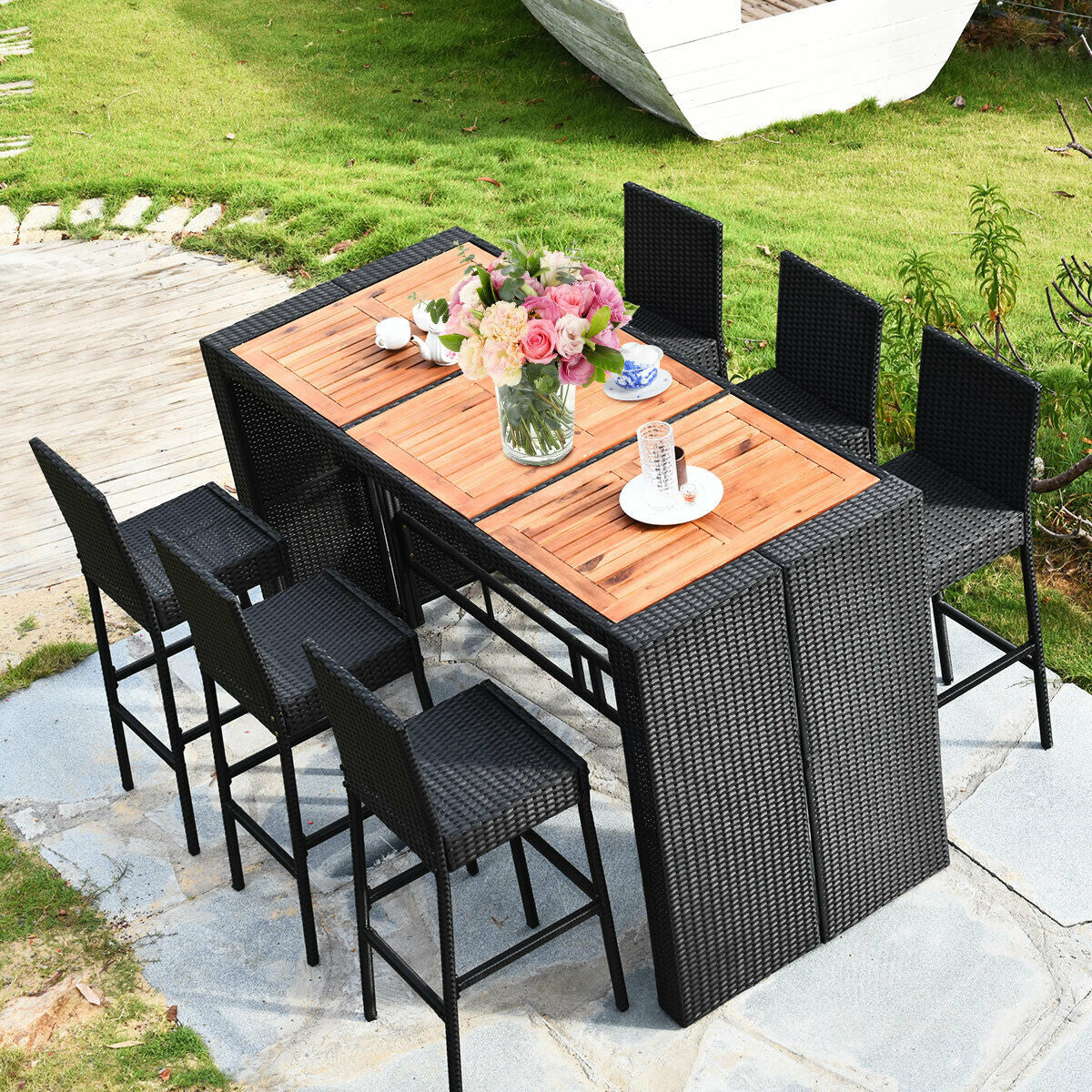 7 Pieces Patio Rattan Wicker Dining Furniture Set with Removable Cushion