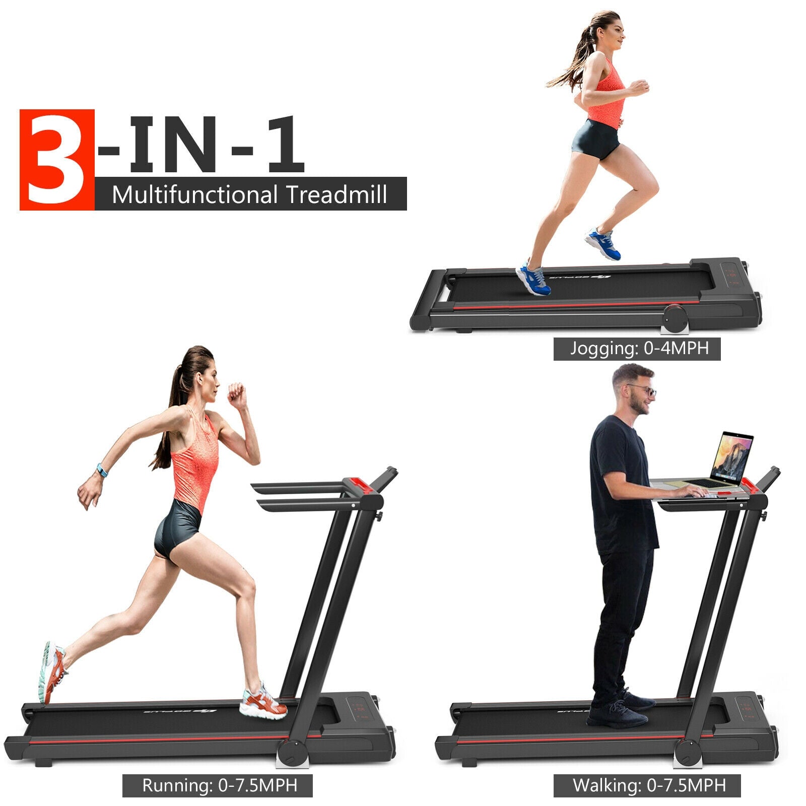 3-in-1 Folding Under Desk Treadmill with Large Desk and LCD Display