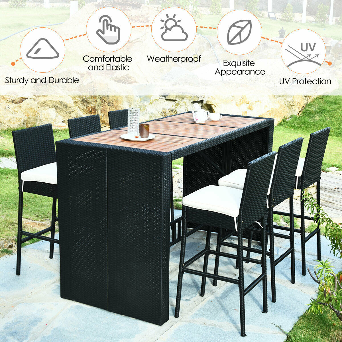 7 Pieces Patio Rattan Wicker Dining Furniture Set with Removable Cushion