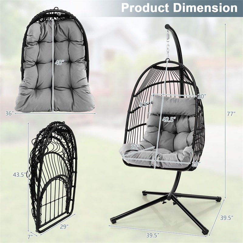 Swing Egg Chair Folding Hanging Basket Chair PE Rattan Hammock Chair with Steel Stand, Waterproof Cover, Removable Pillow & Cushion