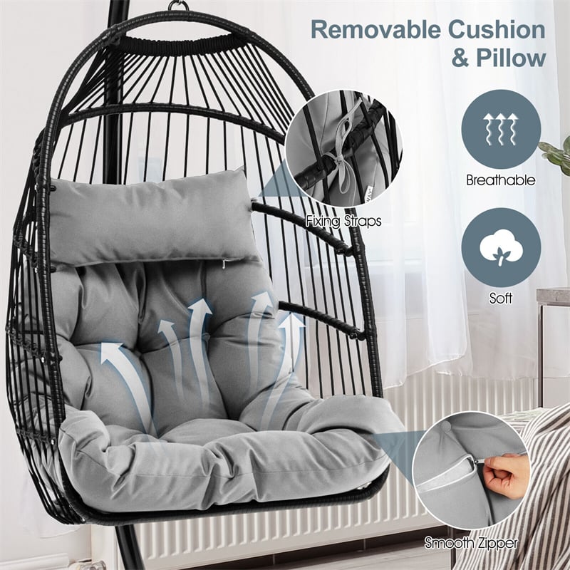 Swing Egg Chair Folding Hanging Basket Chair PE Rattan Hammock Chair with Steel Stand, Waterproof Cover, Removable Pillow & Cushion