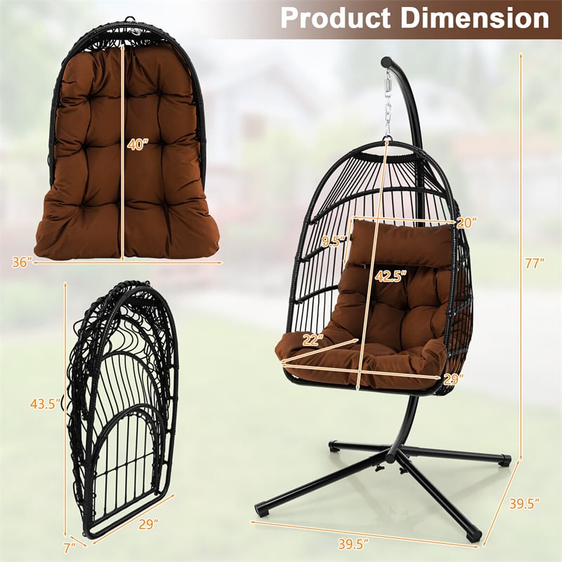 Swing Egg Chair Folding Hanging Basket Chair PE Rattan Hammock Chair with Steel Stand, Waterproof Cover, Removable Pillow & Cushion