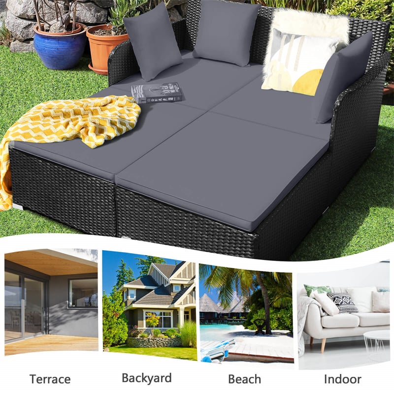 Wicker Outdoor Daybed Double Chaise Lounge Rattan Sun Lounger Cushioned Sofa Furniture with Spacious Seat & Pillows