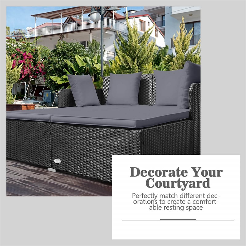 Wicker Outdoor Daybed Double Chaise Lounge Rattan Sun Lounger Cushioned Sofa Furniture with Spacious Seat & Pillows