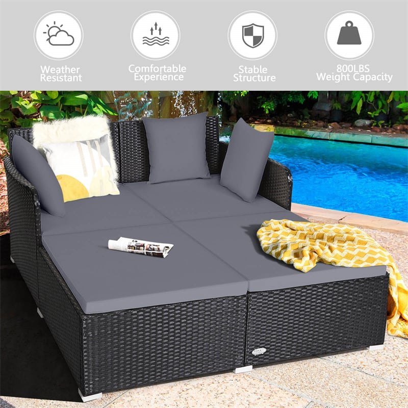 Wicker Outdoor Daybed Double Chaise Lounge Rattan Sun Lounger Cushioned Sofa Furniture with Spacious Seat & Pillows