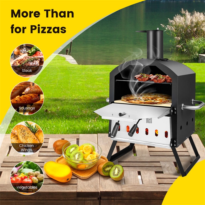 Wood Fired Pizza Oven 2-Layer Outdoor Pizza Oven Grill Pizza Maker with Pizza Stone, Pizza Peel & Removable Cooking Rack