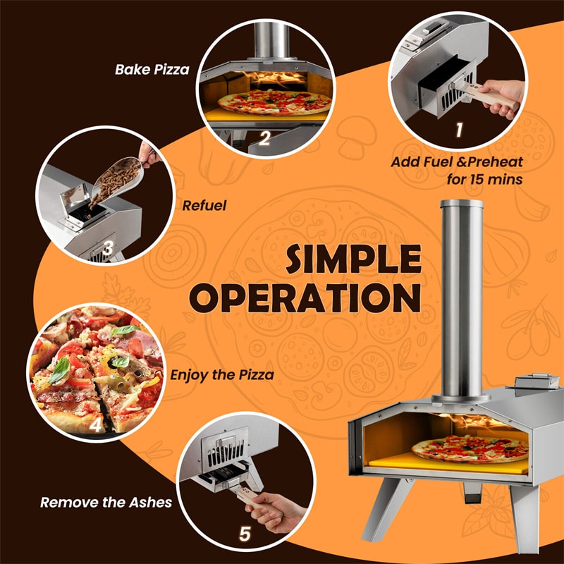 Outdoor Pizza Oven Stainless Steel Wood Fired Pizza Oven Wood Pellet Grill Pizza Maker with 12'' Pizza Stone & Foldable Legs